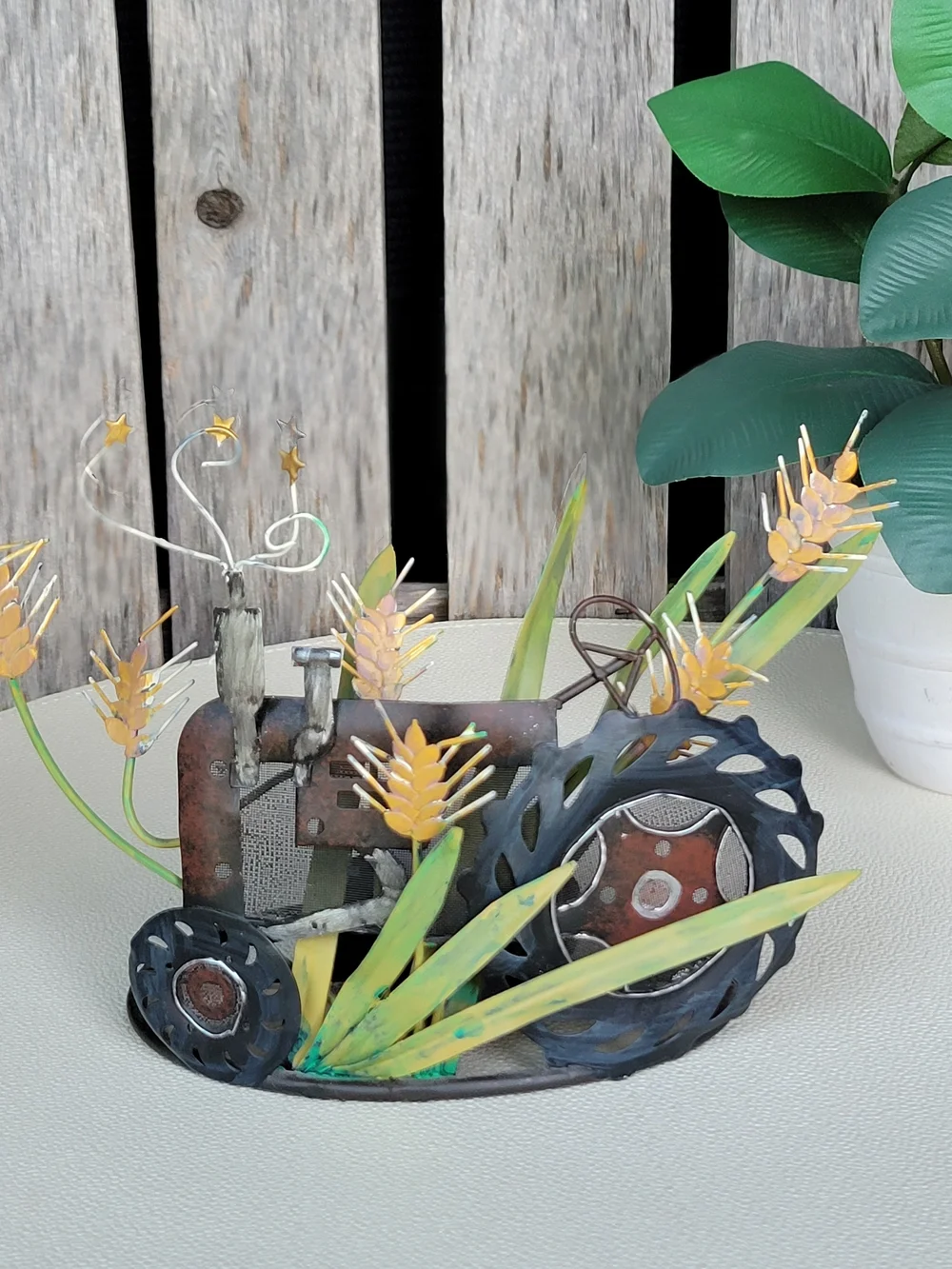 Rustic Metal Tractor Sculpture with Yellow Wheat Accents- Votive